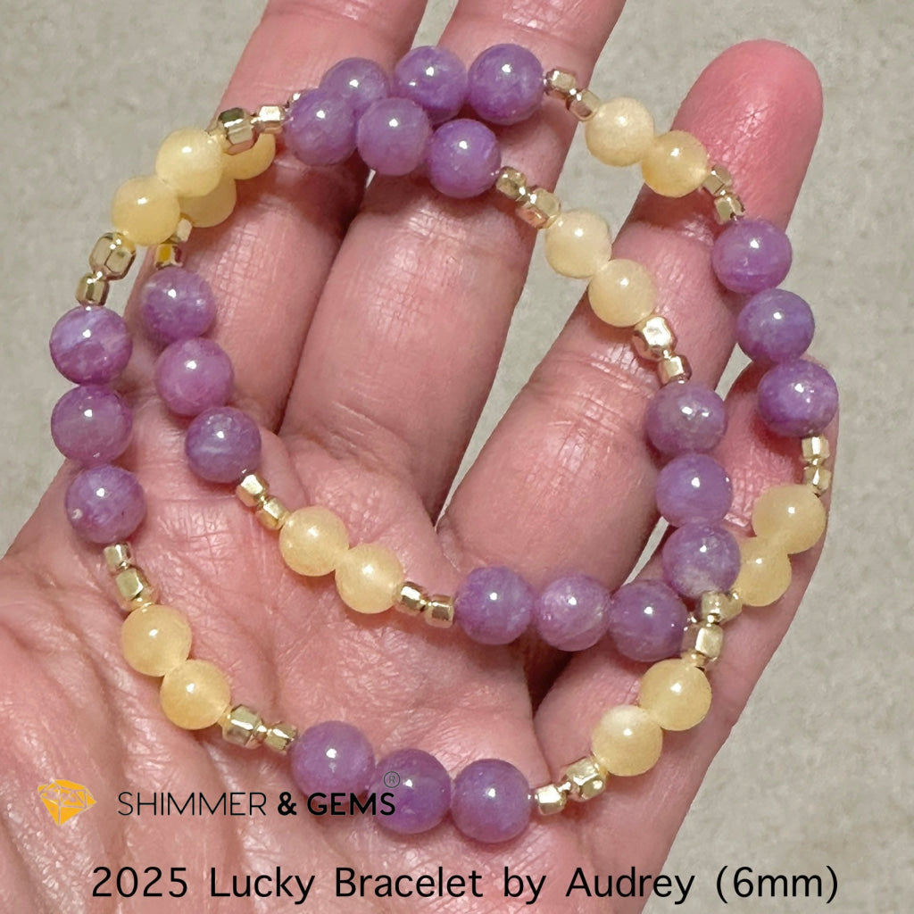 2025 Lucky Bracelet by Audrey (6mm) High Grade Pink Ruby & Yellow Jade with 14k Gold Filled Beads