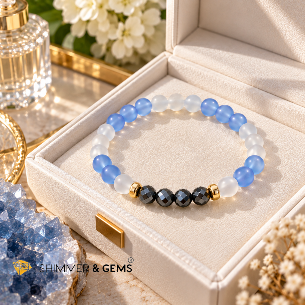 2027 BOUNTIFUL SUCCESS & PROSPERITY Bracelet by Audrey (White Agate, Hematite & Blue Chalcedony) Limited Stocks Only!