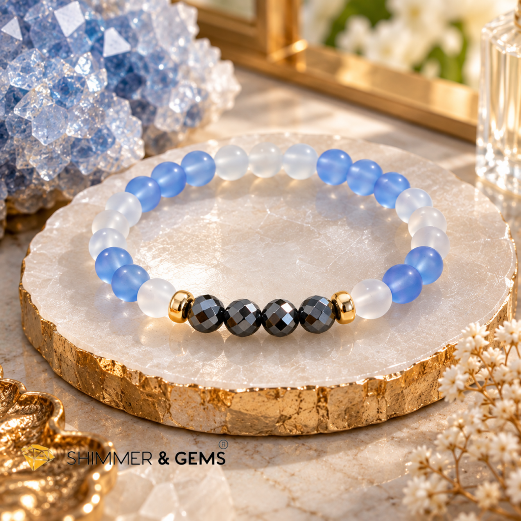 2027 BOUNTIFUL SUCCESS & PROSPERITY Bracelet by Audrey (White Agate, Hematite & Blue Chalcedony) Limited Stocks Only!