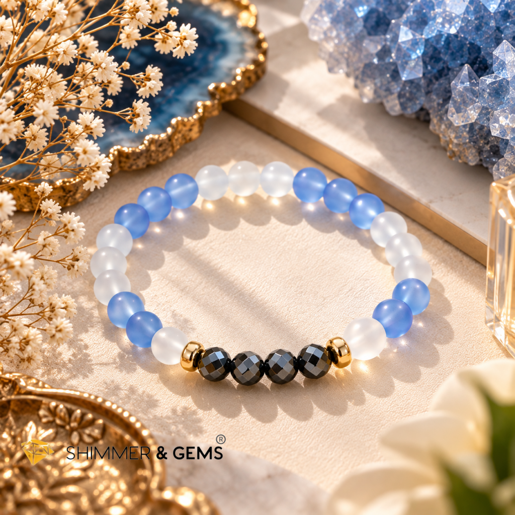 2027 BOUNTIFUL SUCCESS & PROSPERITY Bracelet by Audrey (White Agate, Hematite & Blue Chalcedony) Limited Stocks Only!