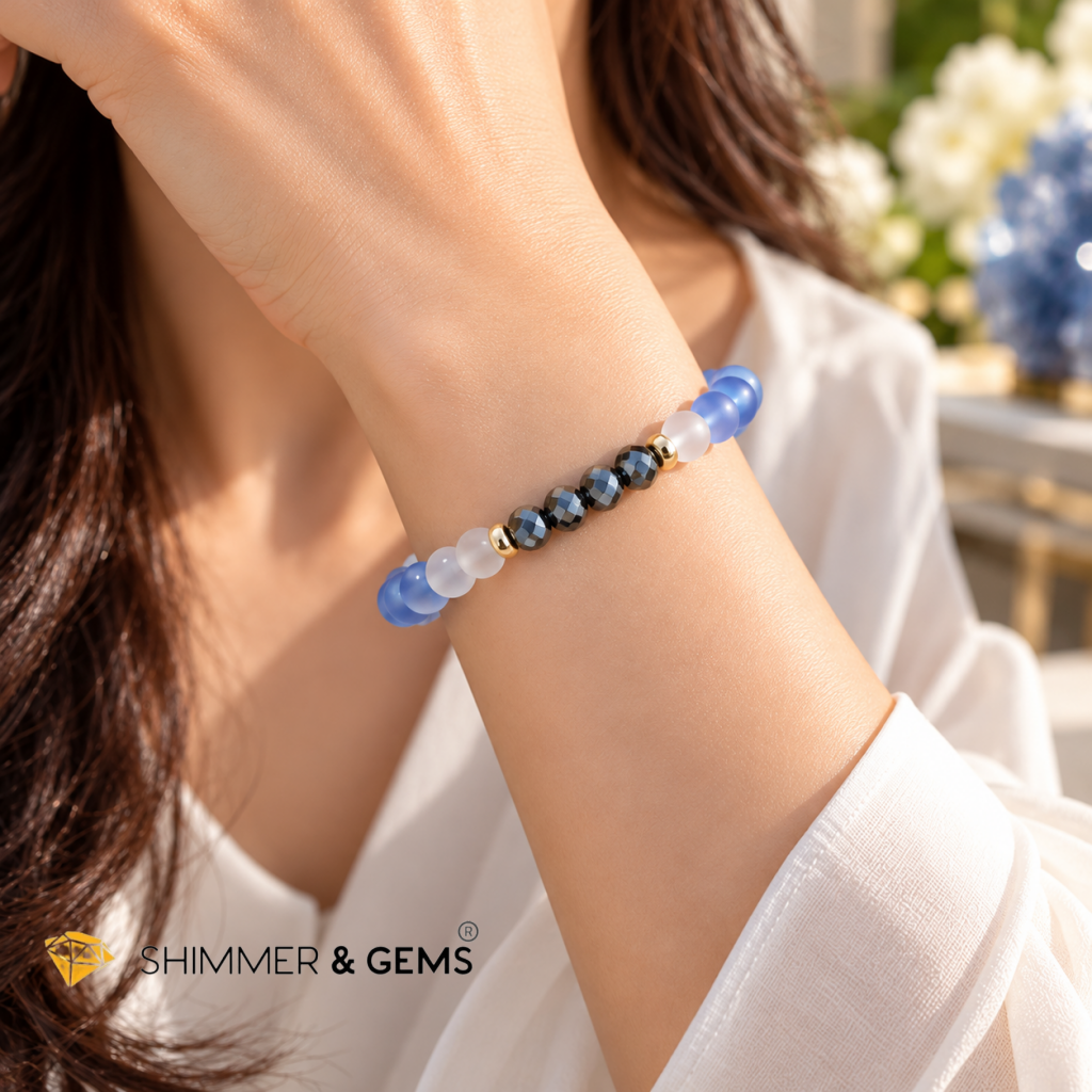 2027 BOUNTIFUL SUCCESS & PROSPERITY Bracelet by Audrey (White Agate, Hematite & Blue Chalcedony) Limited Stocks Only!