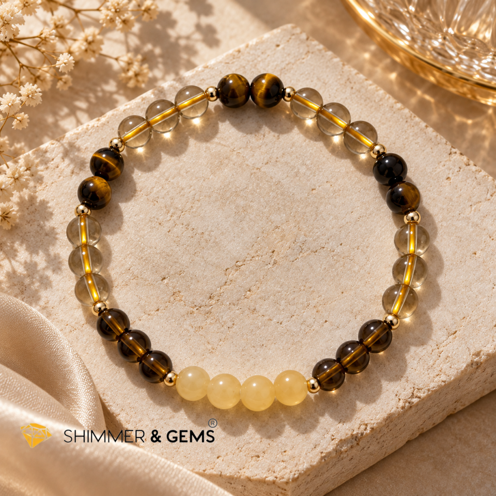 2027 WEALTH ACTIVATOR BRACELET By Audrey (Golden Calcite, Smoky Quartz, Citrine & Tiger’s Eye) Limited Stocks Only!