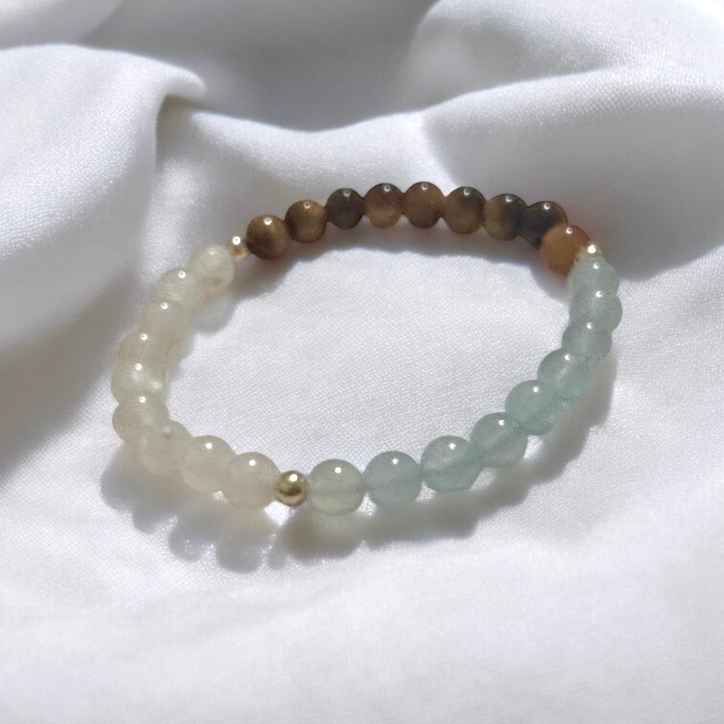 Smooth Journey Alchemy Bracelet (Protection, Flow & Ease in Travel) 6mm Aquamarine, Tiger’s Eye & Moonstone with 14K Gold-Filled Beads