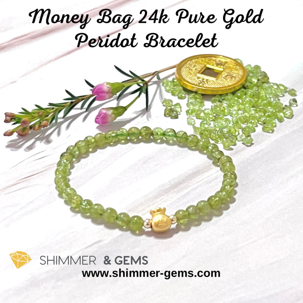 24K Pure Gold Money Bag Peridot Bracelet
