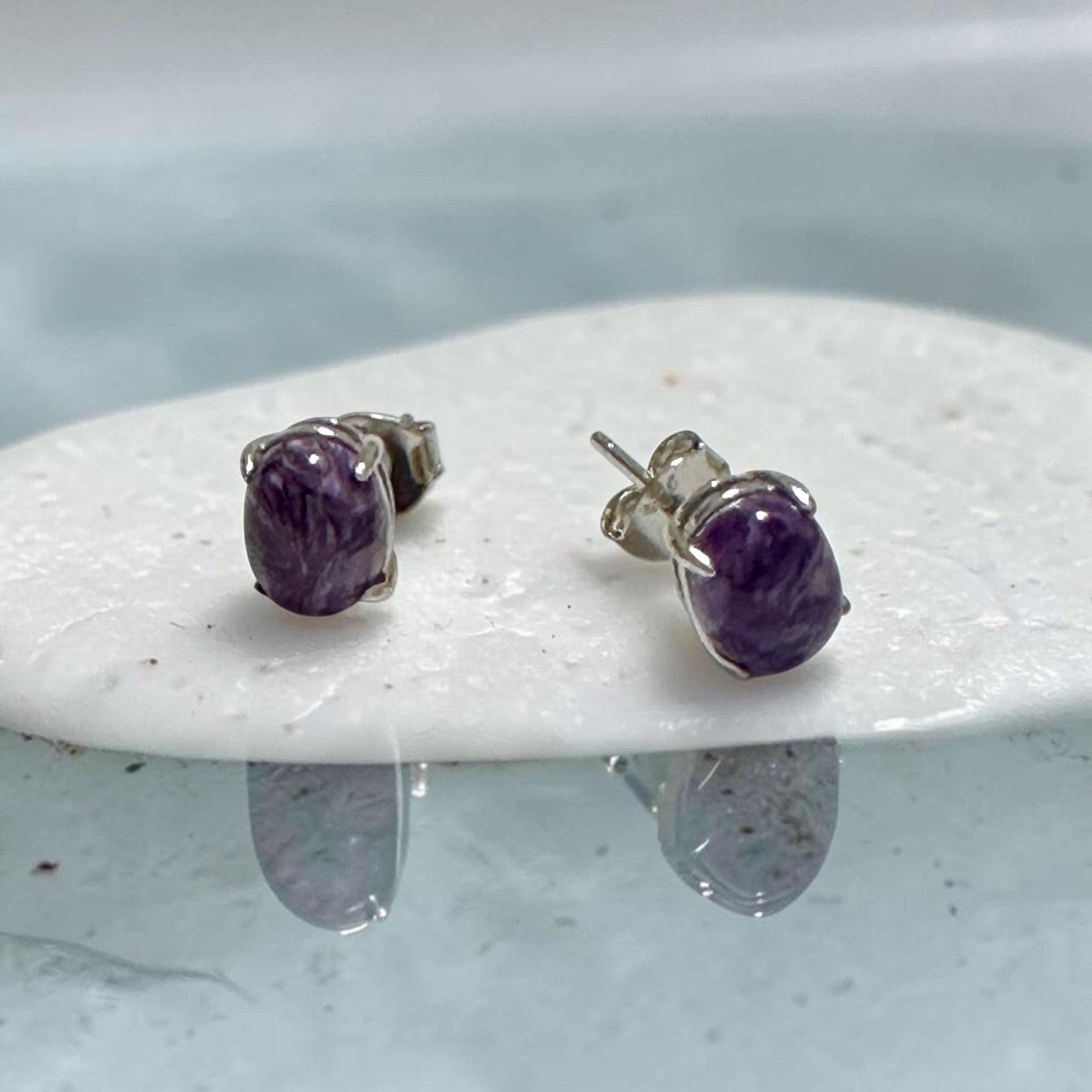 Charoite 6×8mm Oval 925 Silver Earrings