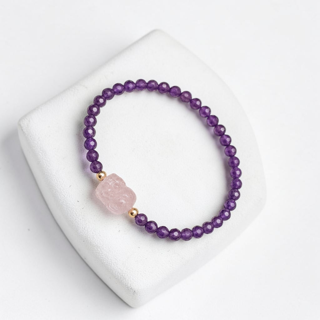 Success, Love & Luck Bracelet (4mm Faceted Amethyst with Rose Quartz Pixiu)