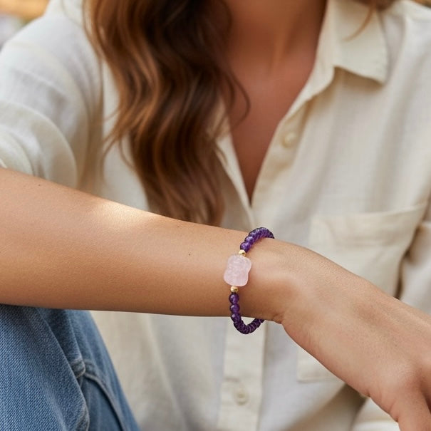 Success, Love & Luck Bracelet (4mm Faceted Amethyst with Rose Quartz Pixiu)