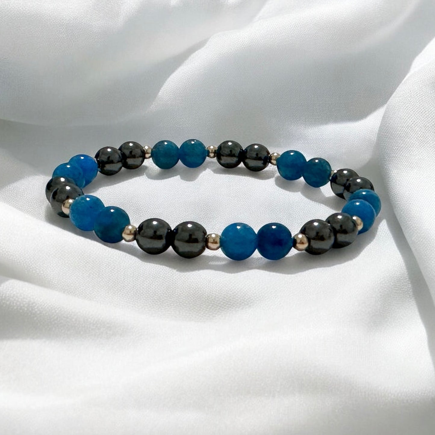 Stamina Booster Alchemy Bracelet (6mm Blue Apatite, Hematite & 14k gold filled beads)- Energy Endurance