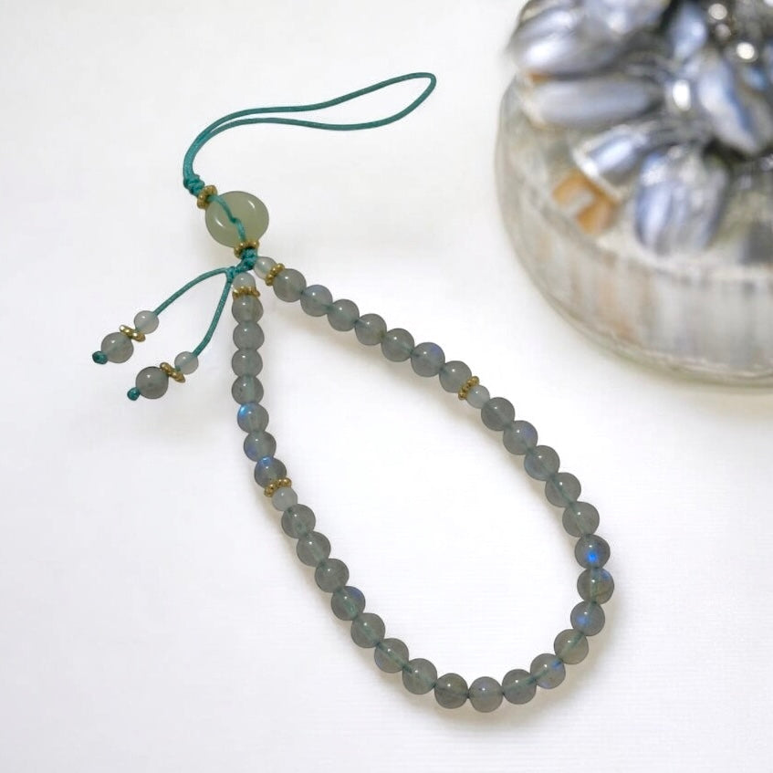 Labradorite 6mm Phone Strap Accessory for Energy Cleanse (with Moonstone, Jade Donut & Stainless Steel Beads) PREMIUM