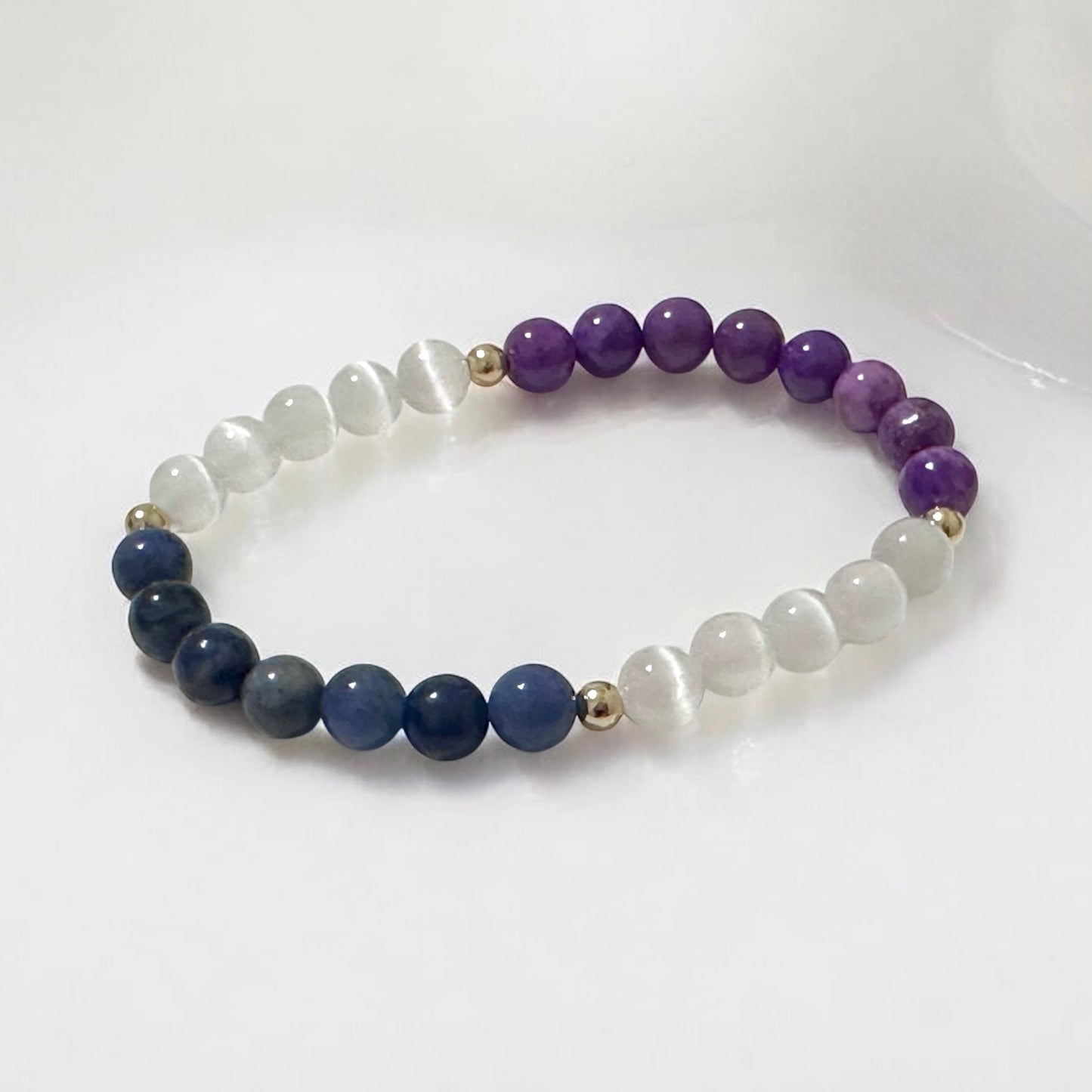 Serenity Flow Alchemy Bracelet (Stress Release) Blue Sodalite, Purple Mica, Selenite (6mm) with 14K Gold-Filled Beads