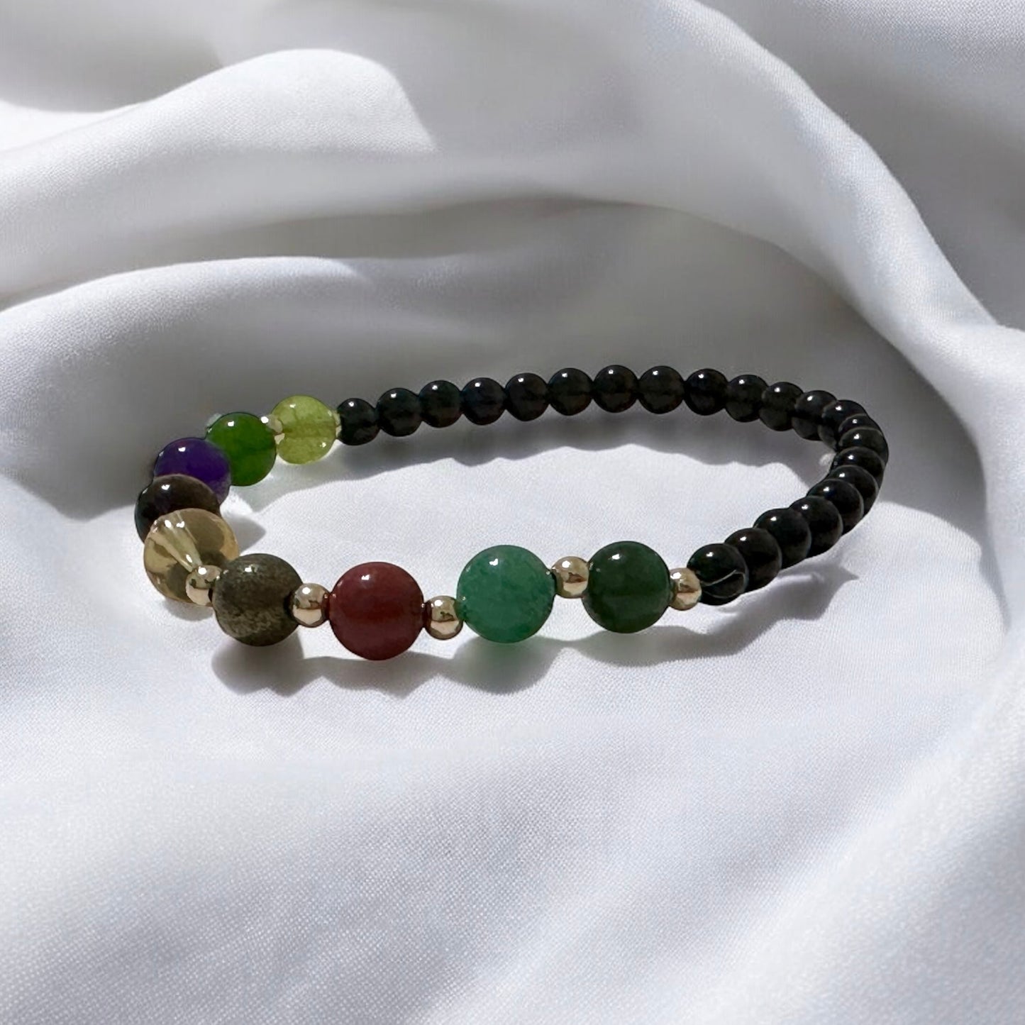 Power of 9, Ultimate Money Magnet Bracelet (Obsidian base with Moss Agate, Amazonite, Red Jasper, Pyrite, Citrine, Tiger’Eye, Amethyst, Taiwan Jade, Peridot & 14K Gold-Filled Beads)