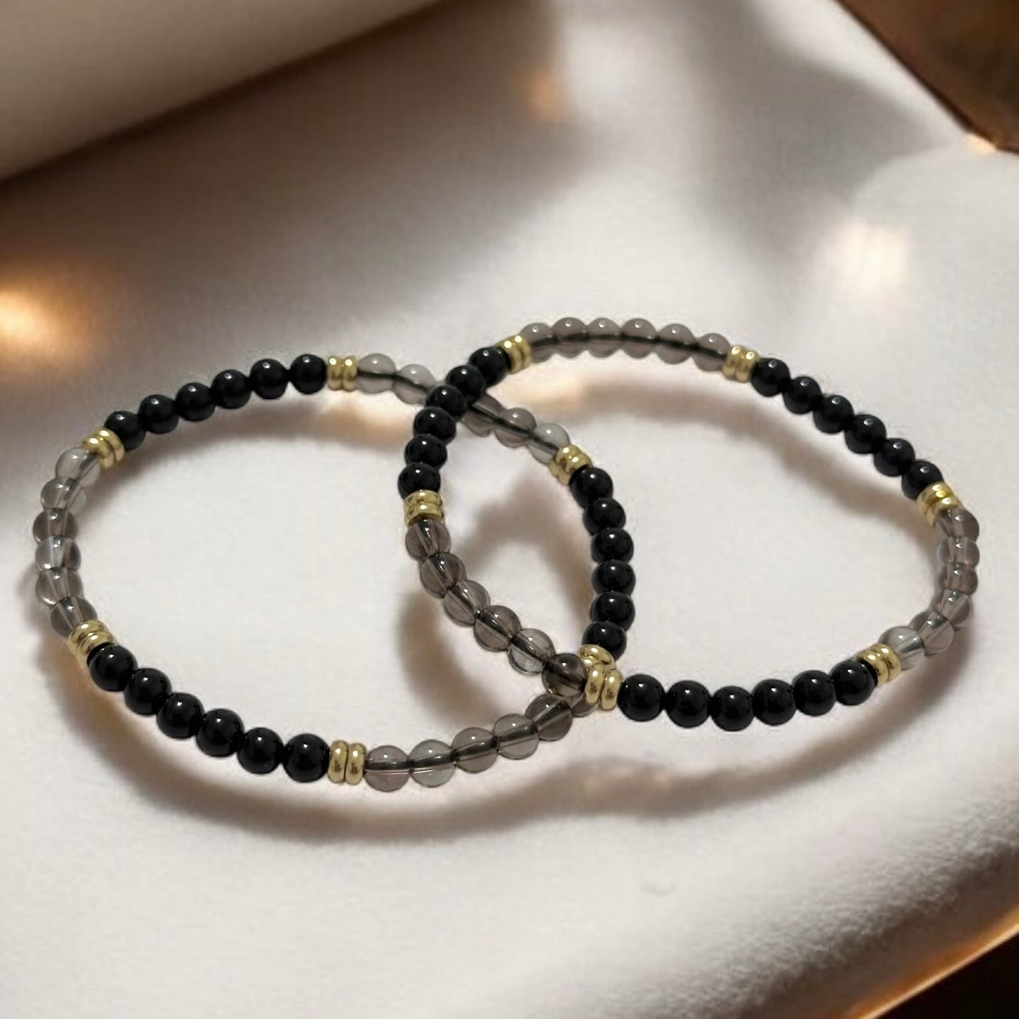 Grounding & Protection Bracelet with 4mm Black Tourmaline & Smoky Quartz with Stainless Steel Rondelle Beads