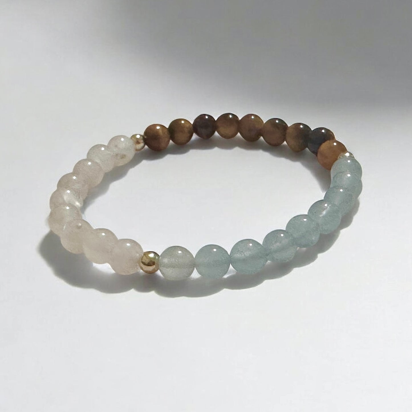 Smooth Journey Alchemy Bracelet (Protection, Flow & Ease in Travel) 6mm Aquamarine, Tiger’s Eye & Moonstone with 14K Gold-Filled Beads