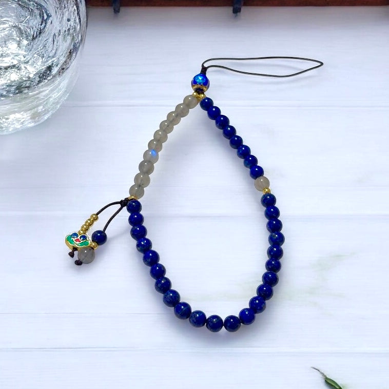 Lapis Lazuli & Labradorite Phone Chain Accessory with Ruyi Charm (Premium Quality with Stainless Steel Beads)