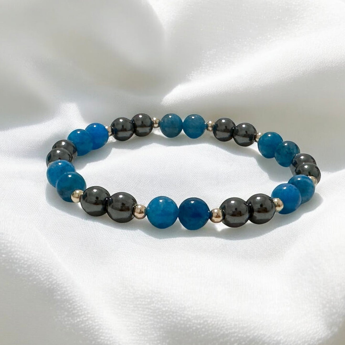 Stamina Booster Alchemy Bracelet (6mm Blue Apatite, Hematite & 14k gold filled beads)- Energy Endurance