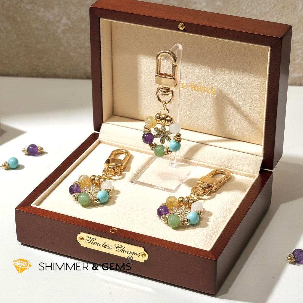 5-Element Floral Bag Charm by Audrey (Moonstone, Amazonite, Aventurine, Amethyst, Gold Rutile)