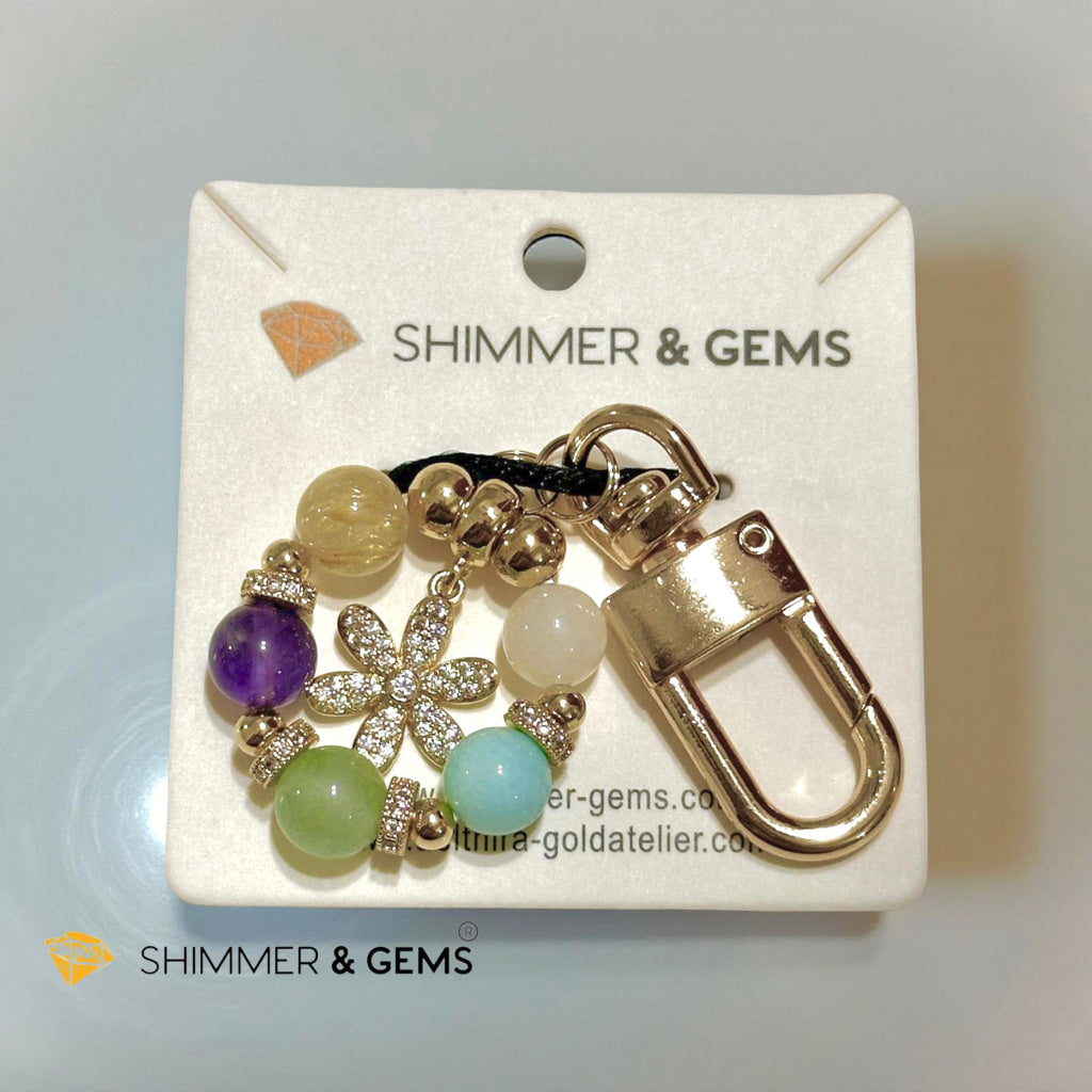 5-Element Floral Bag Charm by Audrey (Moonstone, Amazonite, Aventurine, Amethyst, Gold Rutile)