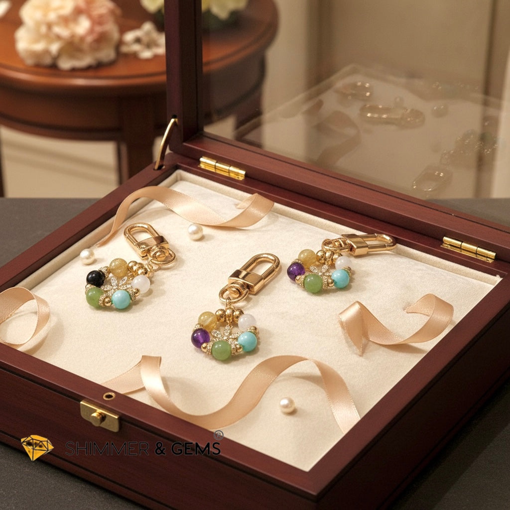 5-Element Floral Bag Charm by Audrey (Moonstone, Amazonite, Aventurine, Amethyst, Gold Rutile)