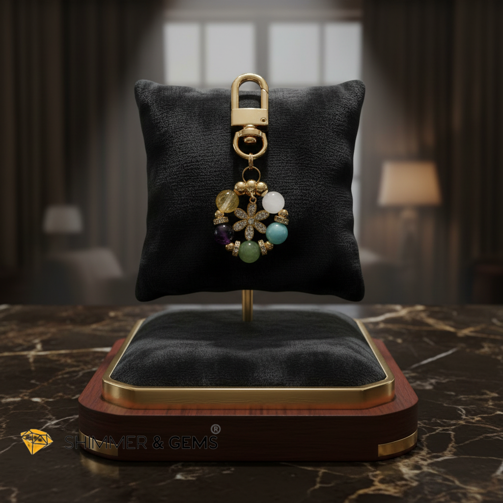 5-Element Floral Bag Charm by Audrey (Moonstone, Amazonite, Aventurine, Amethyst, Gold Rutile)