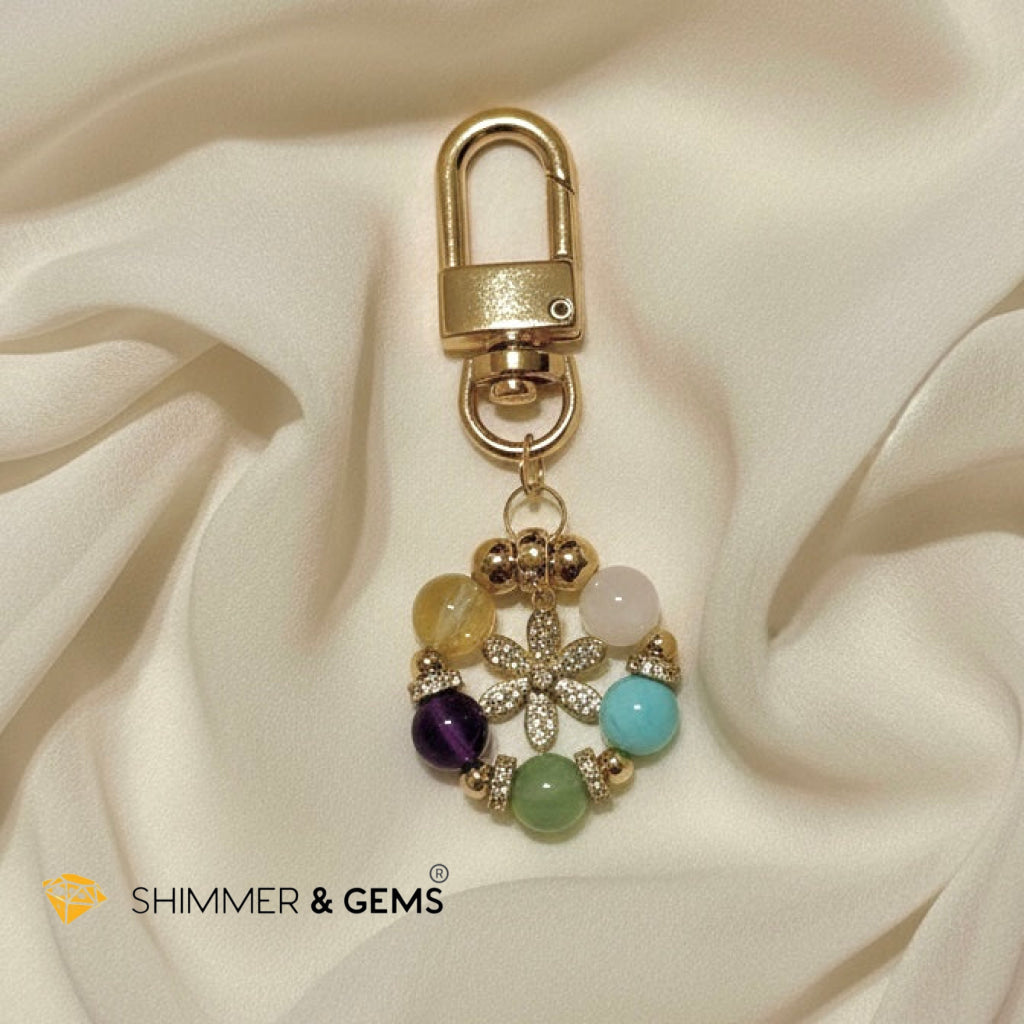 5-Element Floral Bag Charm by Audrey (Moonstone, Amazonite, Aventurine, Amethyst, Gold Rutile)