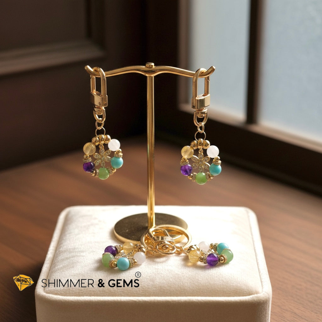 5-Element Floral Bag Charm by Audrey (Moonstone, Amazonite, Aventurine, Amethyst, Gold Rutile)