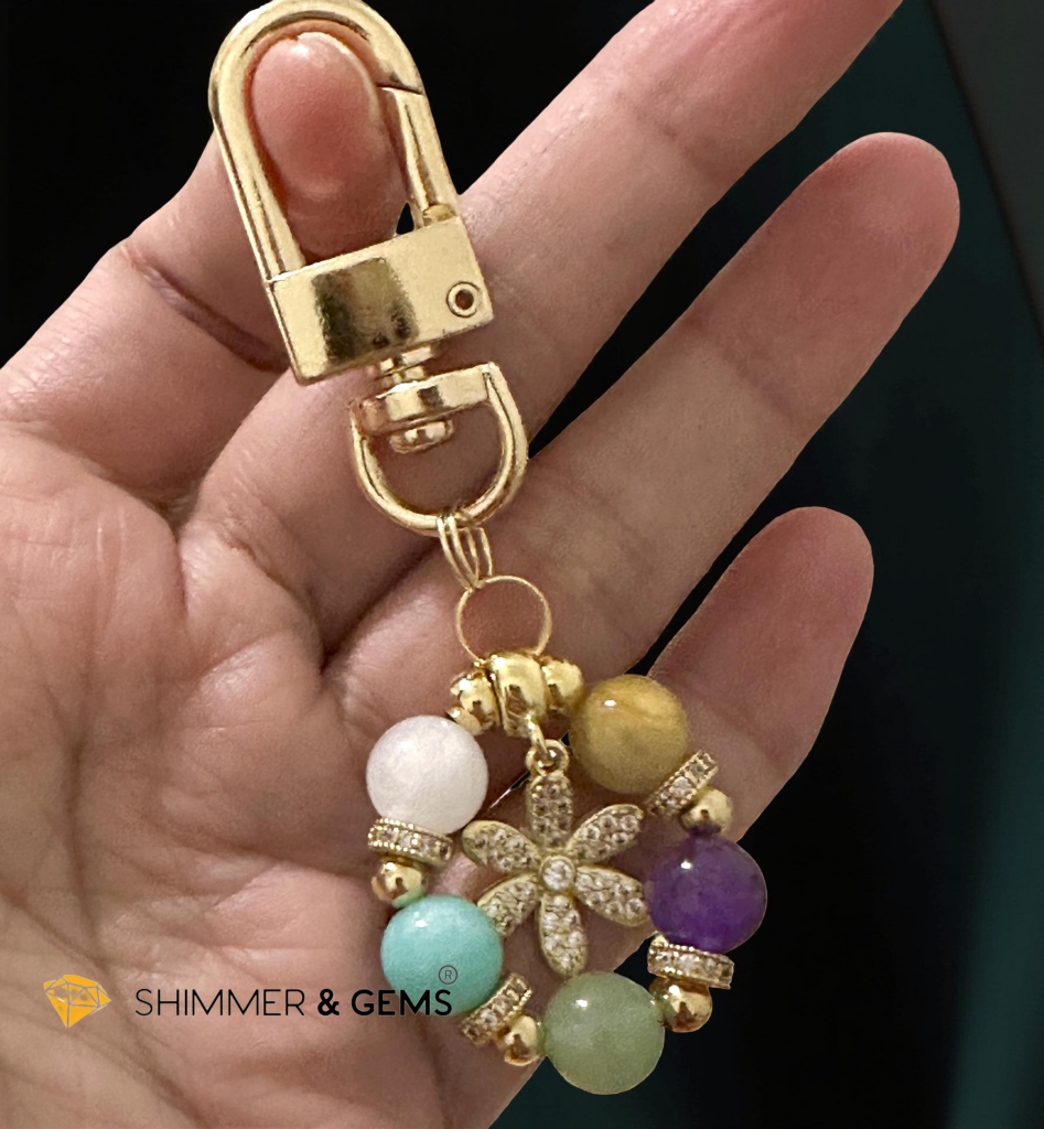5-Element Floral Bag Charm by Audrey (Moonstone, Amazonite, Aventurine, Amethyst, Gold Rutile)