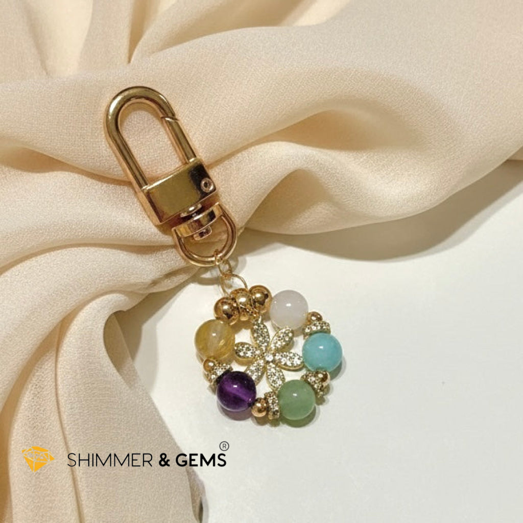 5-Element Floral Bag Charm by Audrey (Moonstone, Amazonite, Aventurine, Amethyst, Gold Rutile)