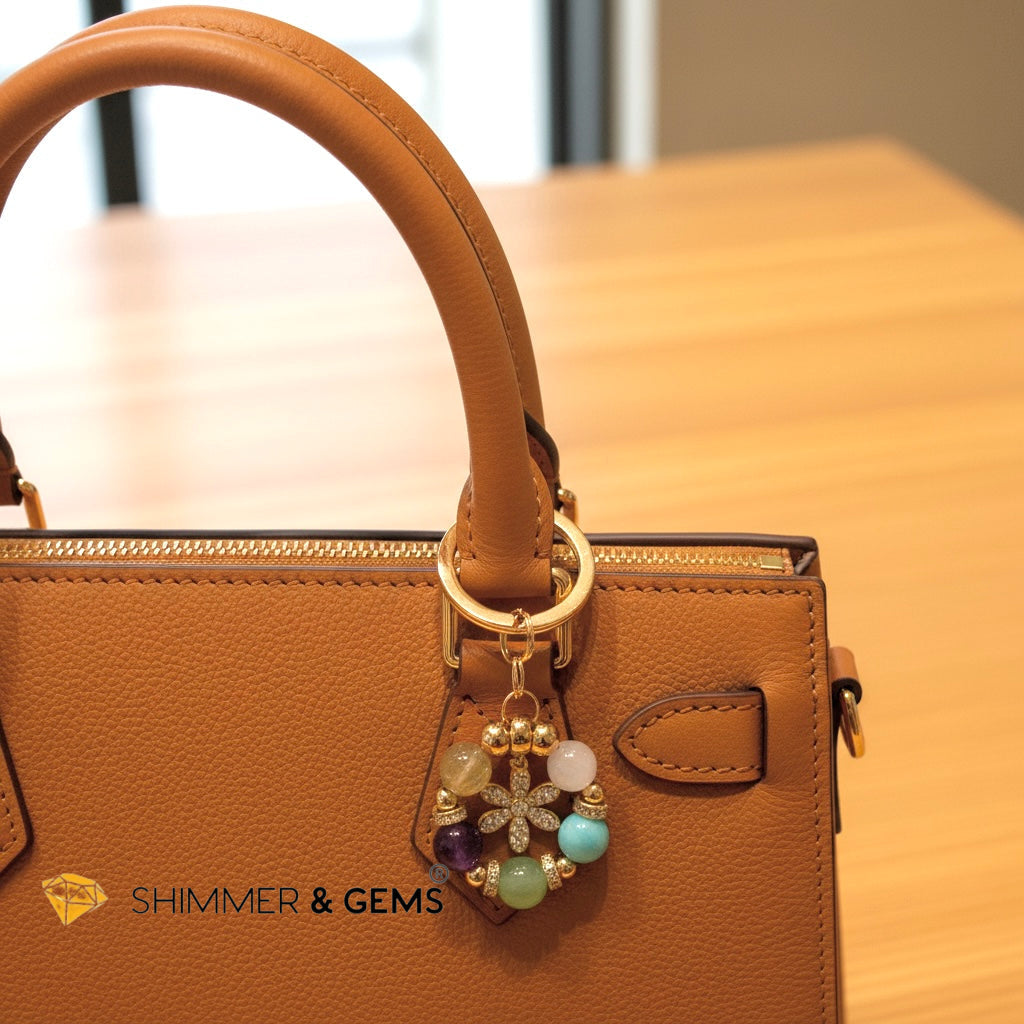 5-Element Floral Bag Charm by Audrey (Moonstone, Amazonite, Aventurine, Amethyst, Gold Rutile)