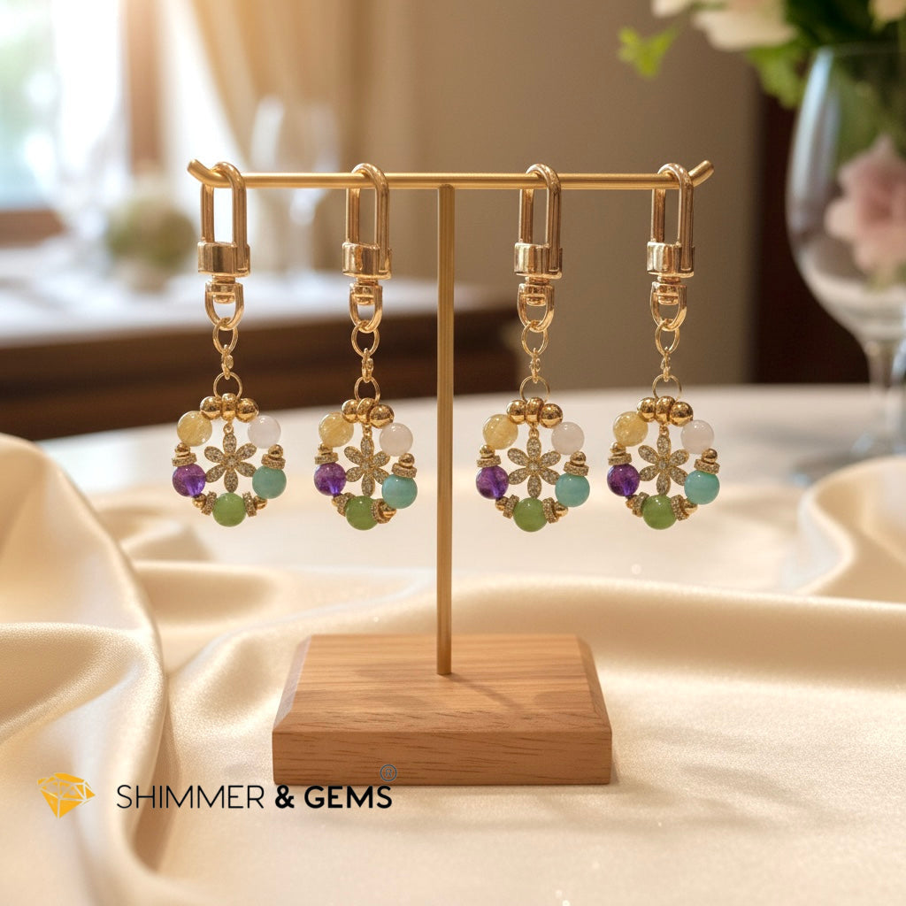 5-Element Floral Bag Charm by Audrey (Moonstone, Amazonite, Aventurine, Amethyst, Gold Rutile)