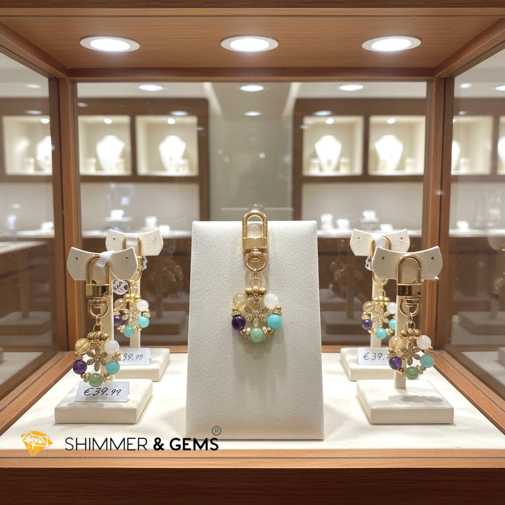 5-Element Floral Bag Charm by Audrey (Moonstone, Amazonite, Aventurine, Amethyst, Gold Rutile)