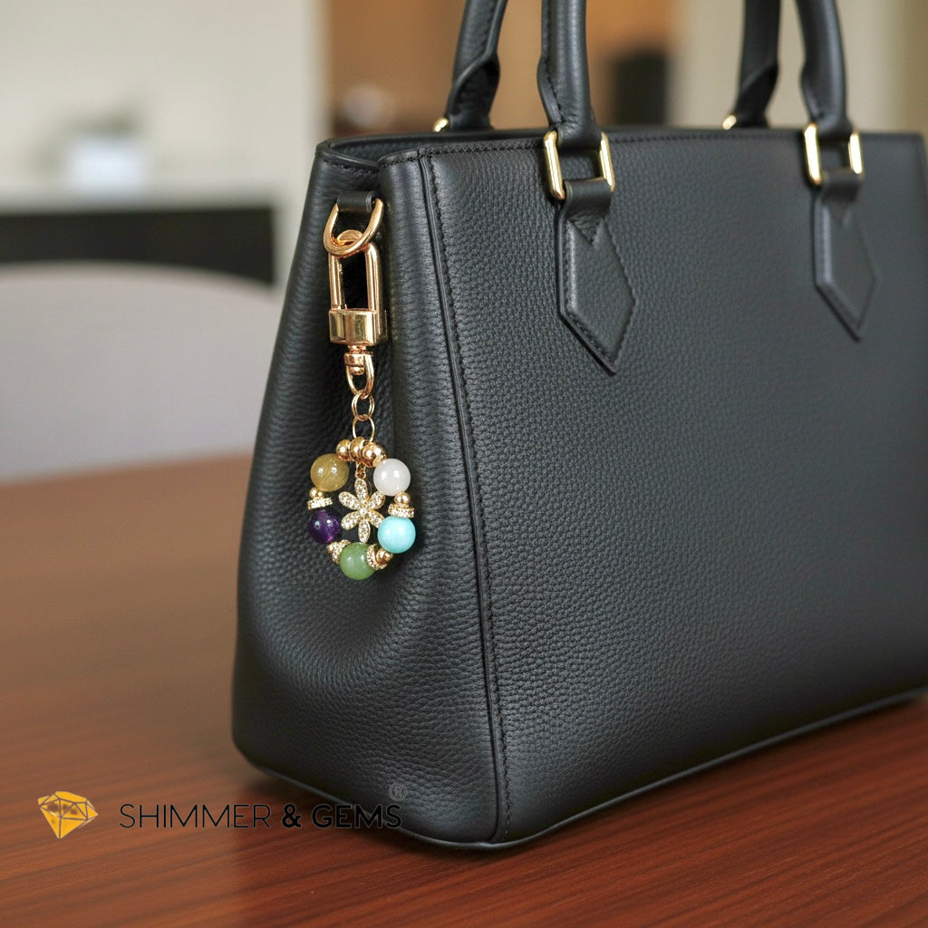 5-Element Floral Bag Charm by Audrey (Moonstone, Amazonite, Aventurine, Amethyst, Gold Rutile)