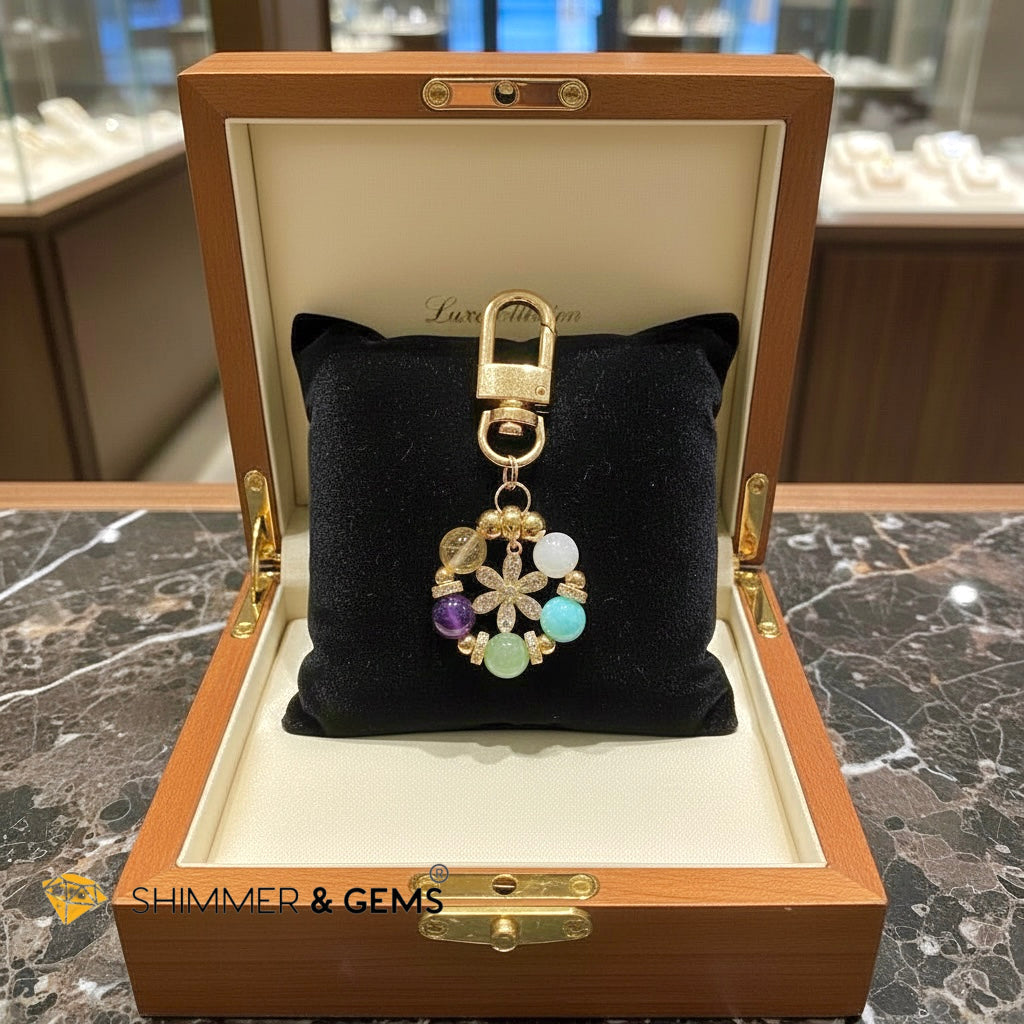5-Element Floral Bag Charm by Audrey (Moonstone, Amazonite, Aventurine, Amethyst, Gold Rutile)