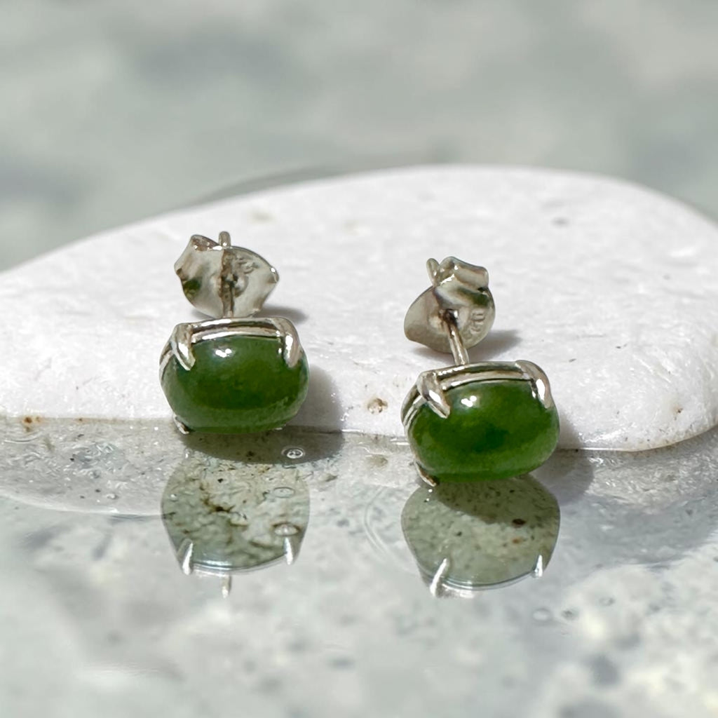 Russian Jade 6×8mm Oval 925 Silver Earrings