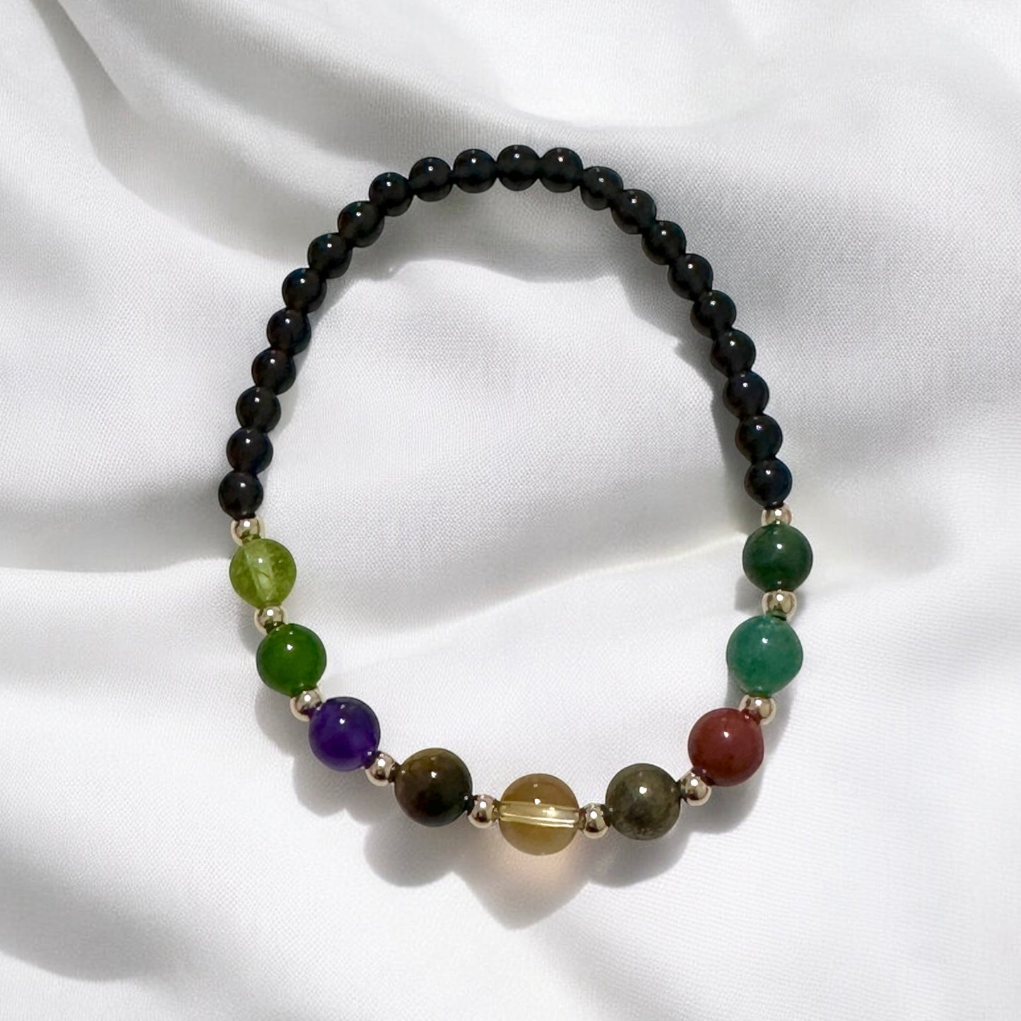 Power of 9, Ultimate Money Magnet Bracelet (Obsidian base with Moss Agate, Amazonite, Red Jasper, Pyrite, Citrine, Tiger’Eye, Amethyst, Taiwan Jade, Peridot & 14K Gold-Filled Beads)