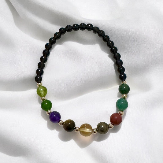 Power of 9, Ultimate Money Magnet Bracelet (Obsidian base with Moss Agate, Amazonite, Red Jasper, Pyrite, Citrine, Tiger’Eye, Amethyst, Taiwan Jade, Peridot & 14K Gold-Filled Beads)