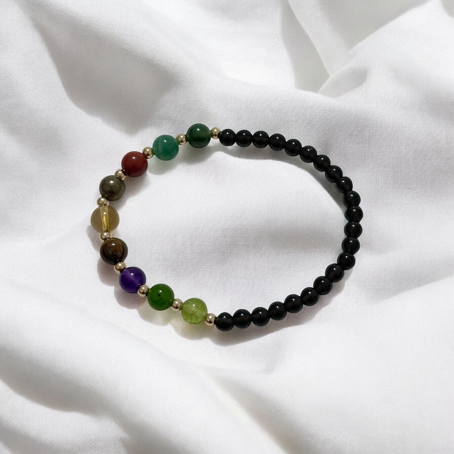 Power of 9, Ultimate Money Magnet Bracelet (Obsidian base with Moss Agate, Amazonite, Red Jasper, Pyrite, Citrine, Tiger’Eye, Amethyst, Taiwan Jade, Peridot & 14K Gold-Filled Beads)