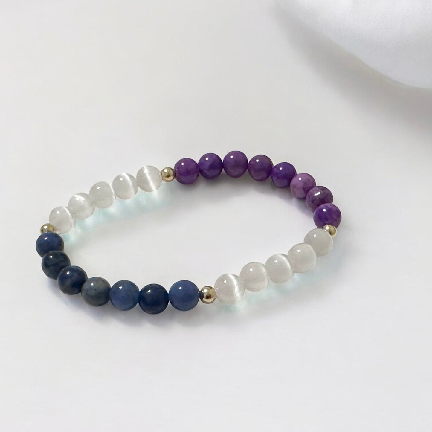 Serenity Flow Alchemy Bracelet (Stress Release) Blue Sodalite, Purple Mica, Selenite (6mm) with 14K Gold-Filled Beads