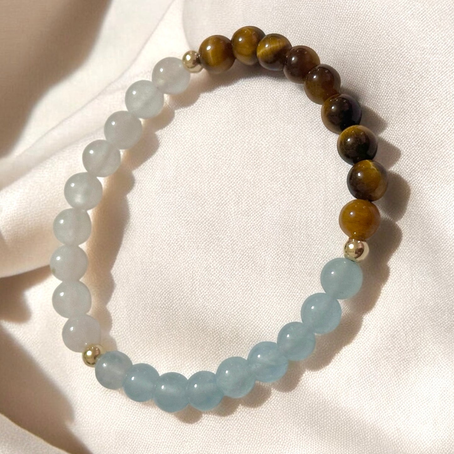 Smooth Journey Alchemy Bracelet (Protection, Flow & Ease in Travel) 6mm Aquamarine, Tiger’s Eye & Moonstone with 14K Gold-Filled Beads