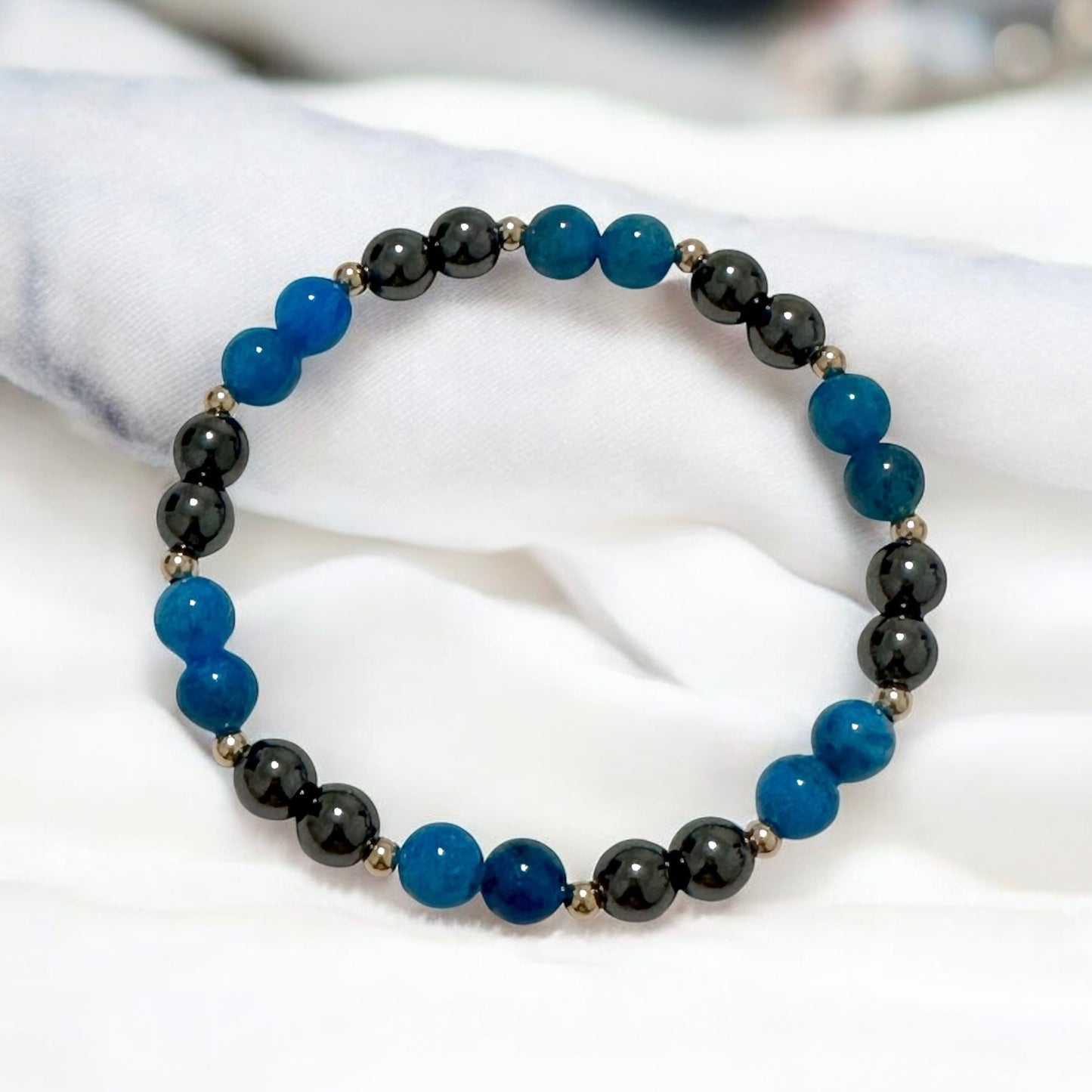 Stamina Booster Alchemy Bracelet (6mm Blue Apatite, Hematite & 14k gold filled beads)- Energy Endurance