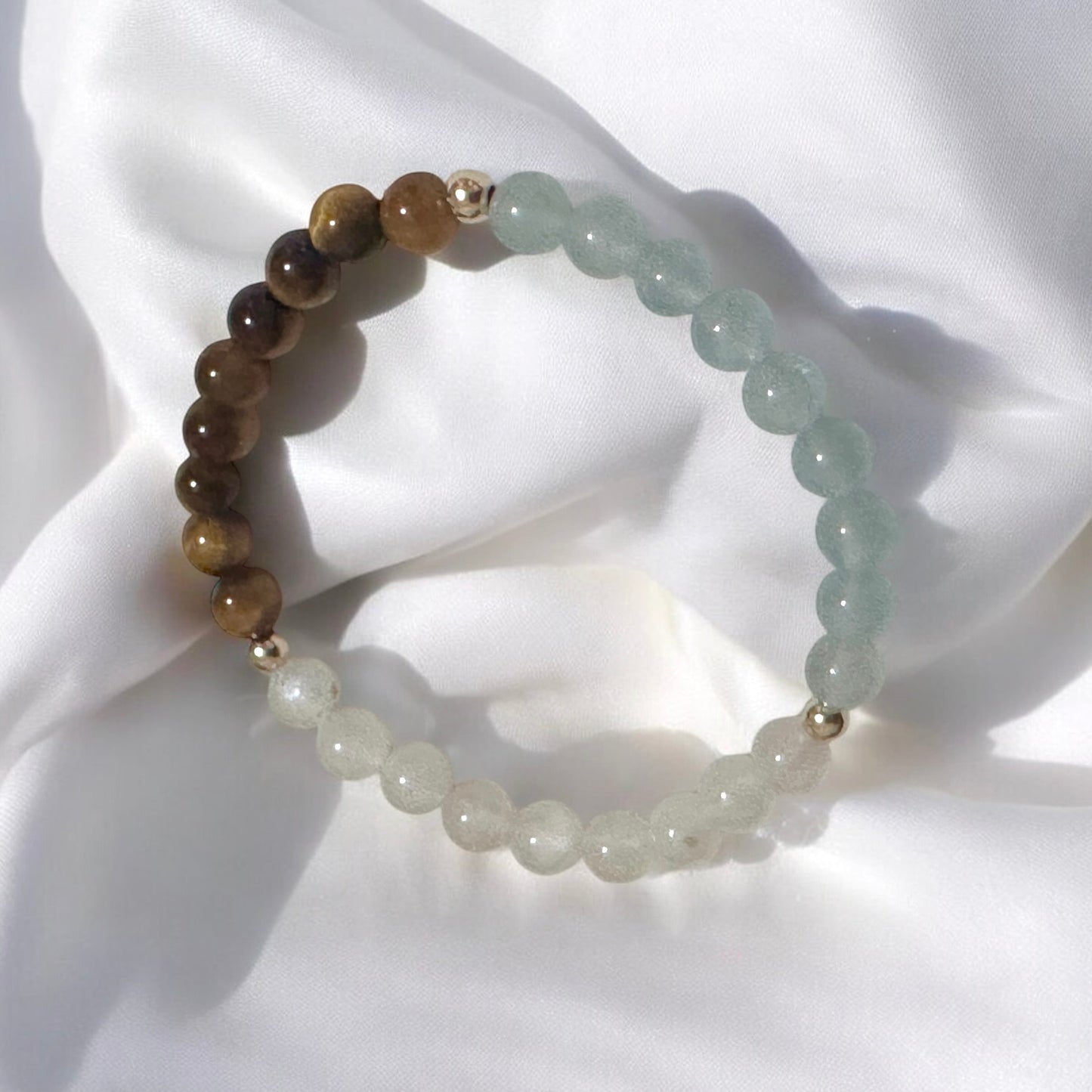 Smooth Journey Alchemy Bracelet (Protection, Flow & Ease in Travel) 6mm Aquamarine, Tiger’s Eye & Moonstone with 14K Gold-Filled Beads