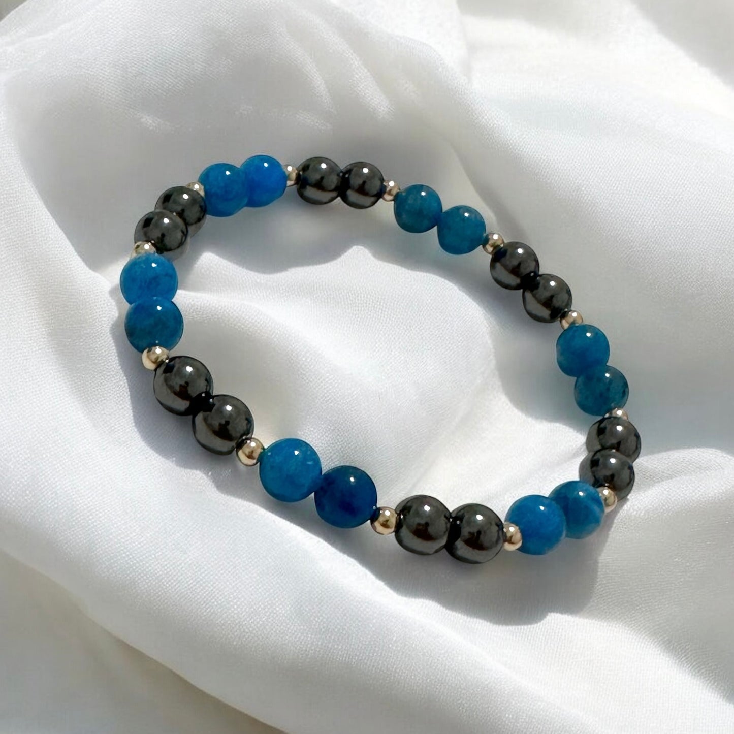 Stamina Booster Alchemy Bracelet (6mm Blue Apatite, Hematite & 14k gold filled beads)- Energy Endurance