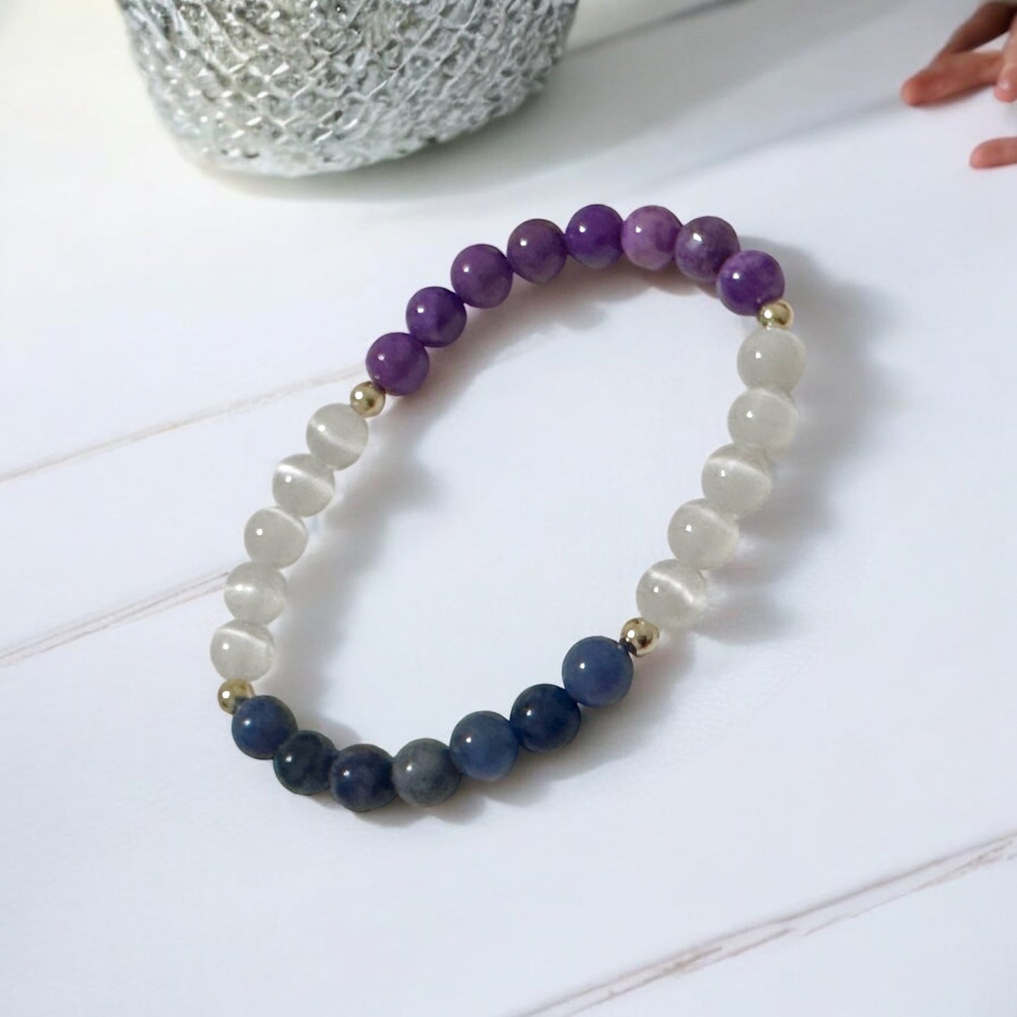 Serenity Flow Alchemy Bracelet (Stress Release) Blue Sodalite, Purple Mica, Selenite (6mm) with 14K Gold-Filled Beads