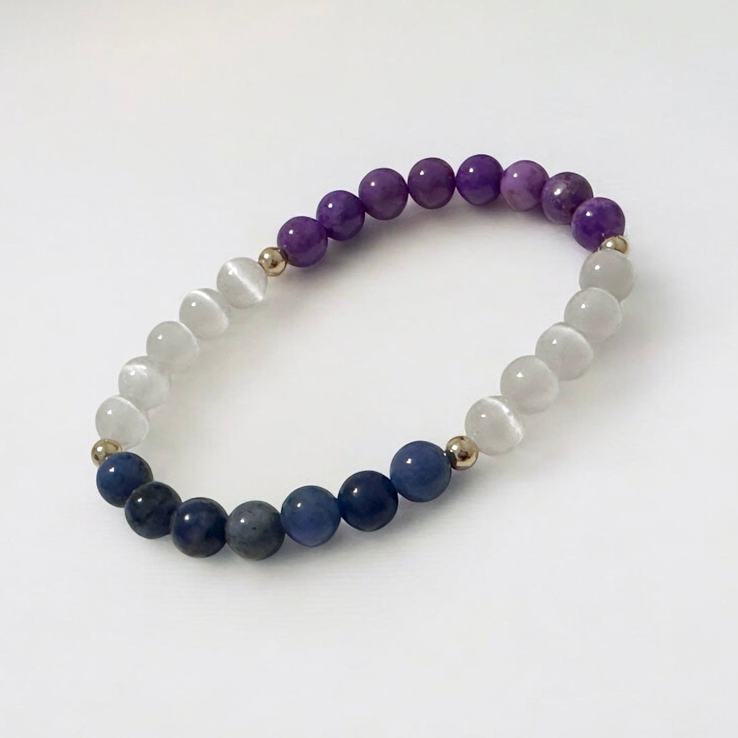 Serenity Flow Alchemy Bracelet (Stress Release) Blue Sodalite, Purple Mica, Selenite (6mm) with 14K Gold-Filled Beads