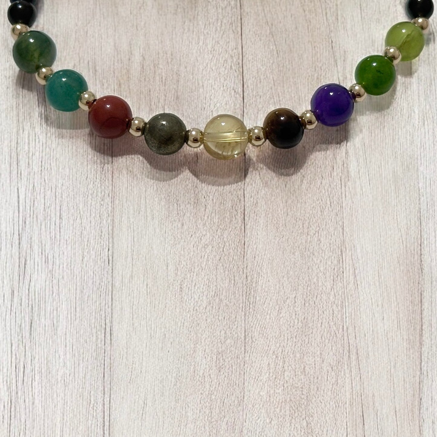 Power of 9, Ultimate Money Magnet Bracelet (Obsidian base with Moss Agate, Amazonite, Red Jasper, Pyrite, Citrine, Tiger’Eye, Amethyst, Taiwan Jade, Peridot & 14K Gold-Filled Beads)