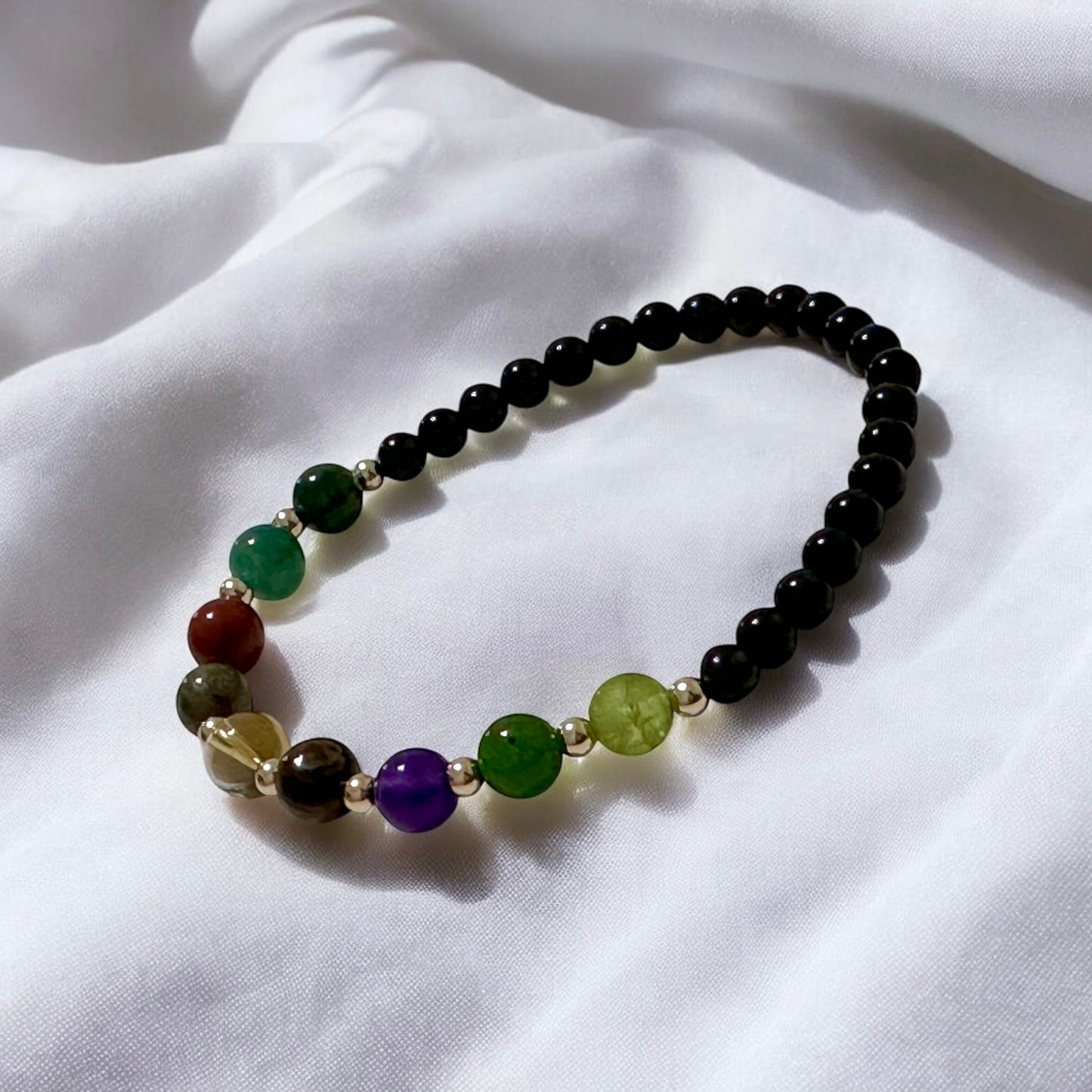 Power of 9, Ultimate Money Magnet Bracelet (Obsidian base with Moss Agate, Amazonite, Red Jasper, Pyrite, Citrine, Tiger’Eye, Amethyst, Taiwan Jade, Peridot & 14K Gold-Filled Beads)