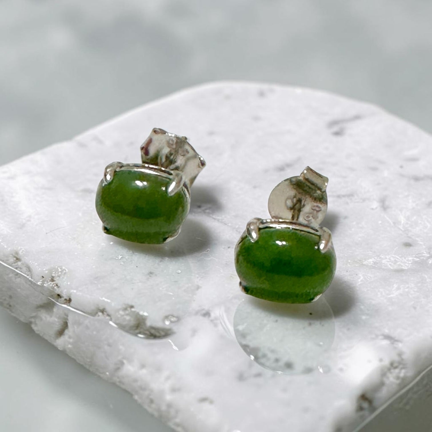 Russian Jade 6×8mm Oval 925 Silver Earrings