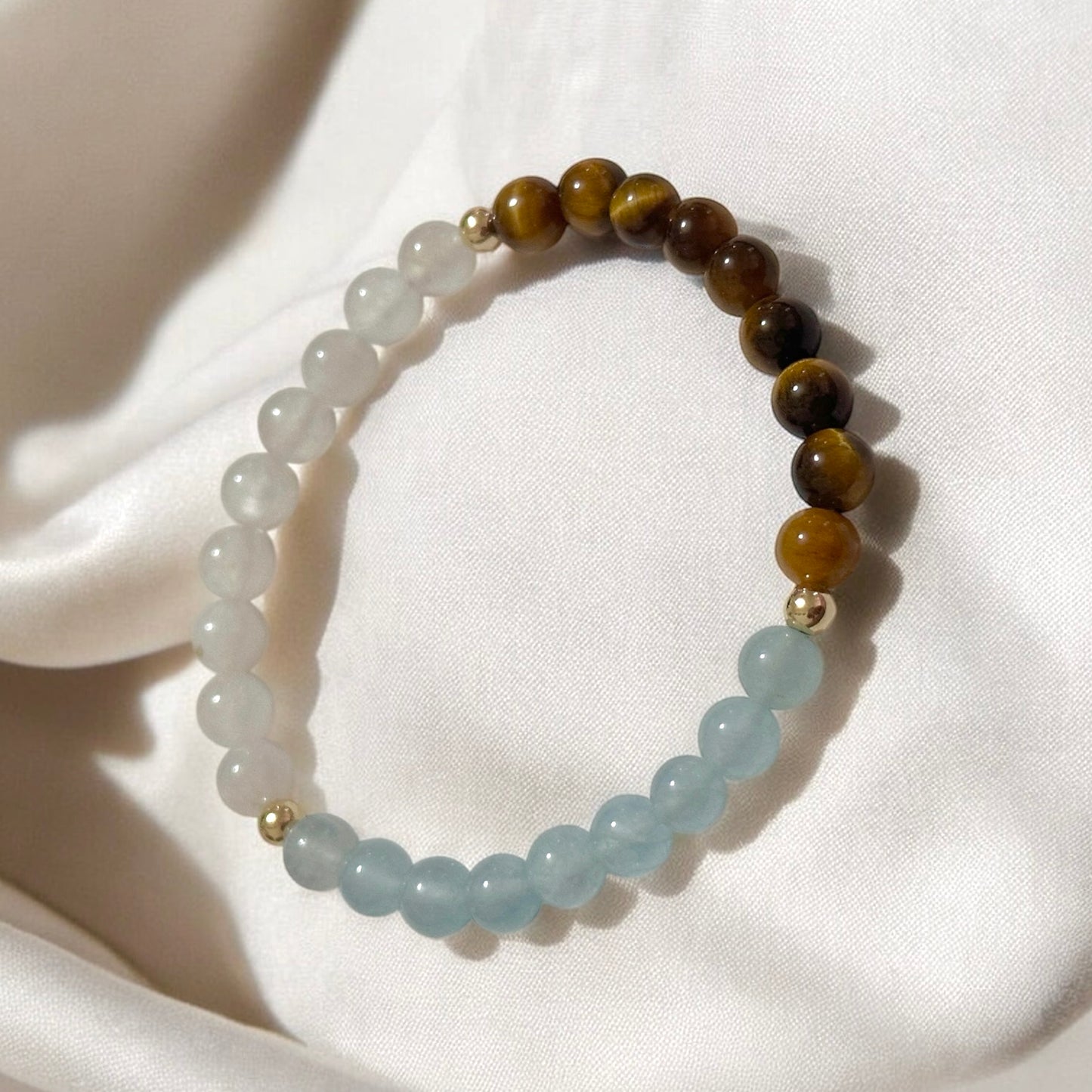 Smooth Journey Alchemy Bracelet (Protection, Flow & Ease in Travel) 6mm Aquamarine, Tiger’s Eye & Moonstone with 14K Gold-Filled Beads