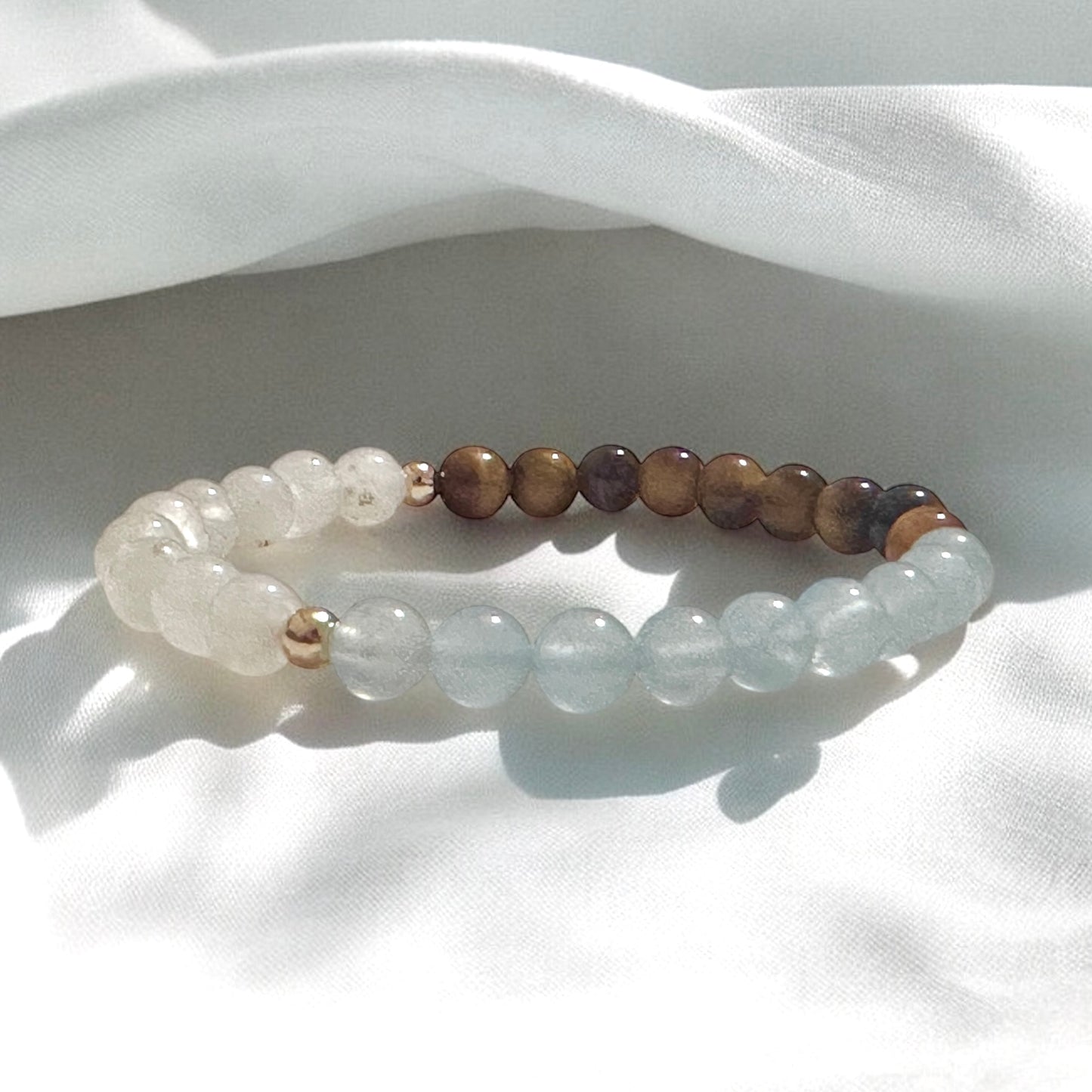 Smooth Journey Alchemy Bracelet (Protection, Flow & Ease in Travel) 6mm Aquamarine, Tiger’s Eye & Moonstone with 14K Gold-Filled Beads