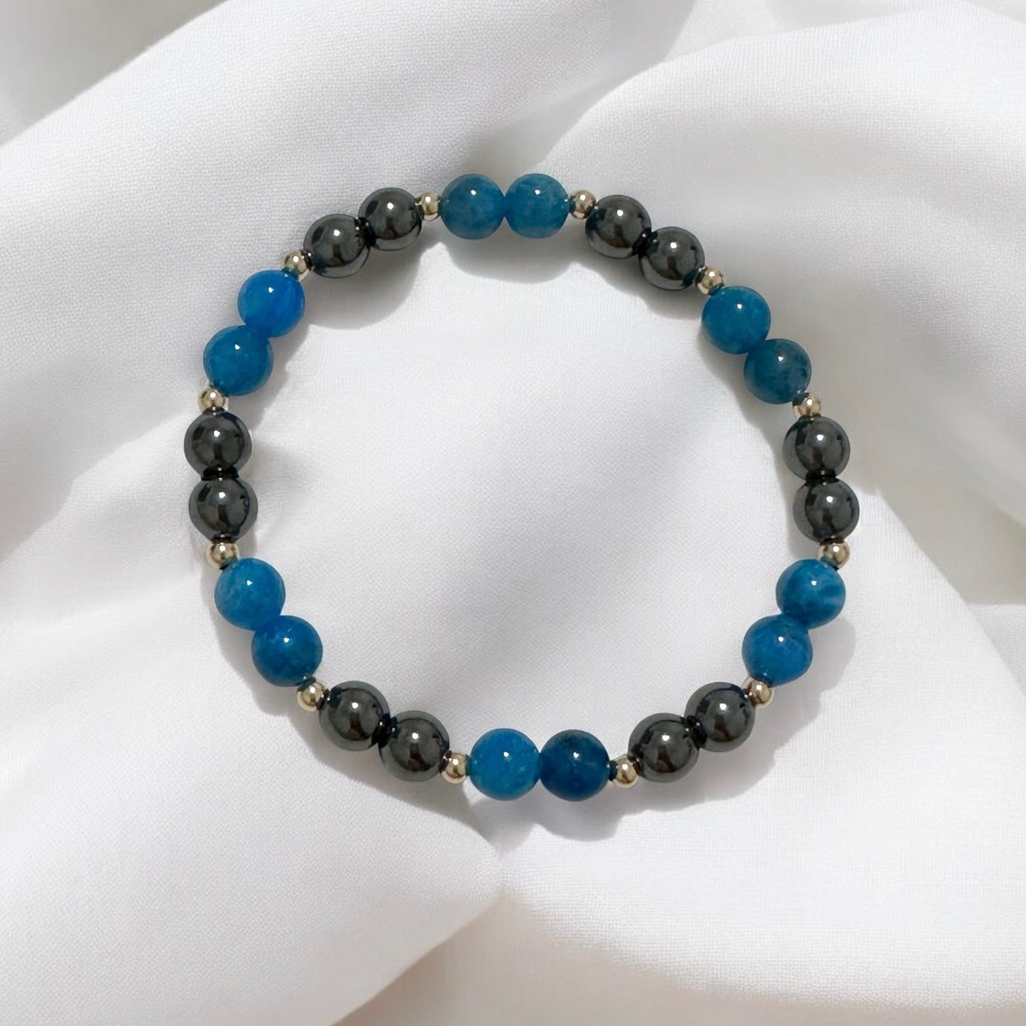 Stamina Booster Alchemy Bracelet (6mm Blue Apatite, Hematite & 14k gold filled beads)- Energy Endurance