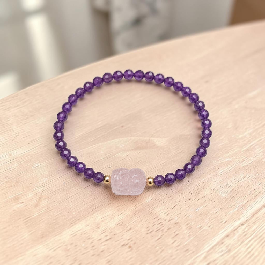 Success, Love & Luck Bracelet (4mm Faceted Amethyst with Rose Quartz Pixiu)